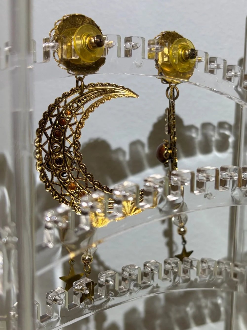1986 Vintage Leigh LeCocq  Gold Tone Bronze Star & Half Moon Drop Hoop Earrings